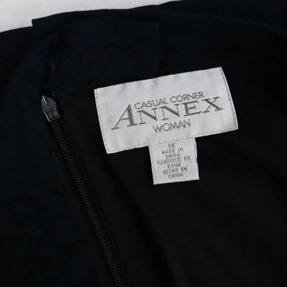 Annex Casual Corner Skirt Sz 1X Black‎ Midi Pull On Hawaiian Fruit Embroidered
